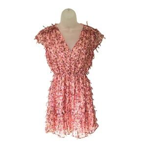 Zara TEXTURED WEAVE FLORAL‎ SEMI SHEER DRESS V-Neck Ruffled Pink/Red SIZE S NEW